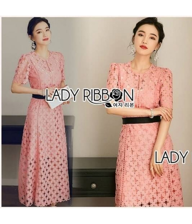 Peach Crochet A-Line Midi Dress