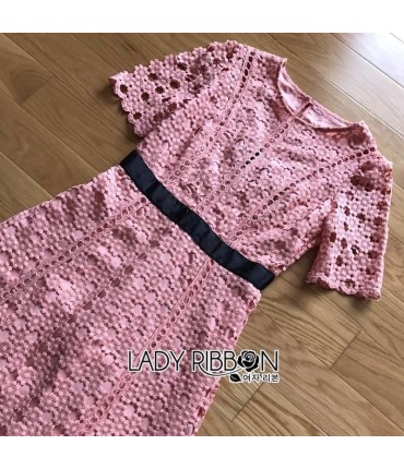 Peach Crochet A-Line Midi Dress