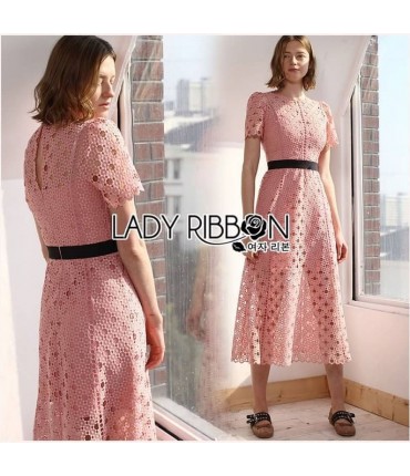 Peach Crochet A-Line Midi Dress