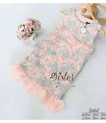 Girly Peach & Green Frill Dress
