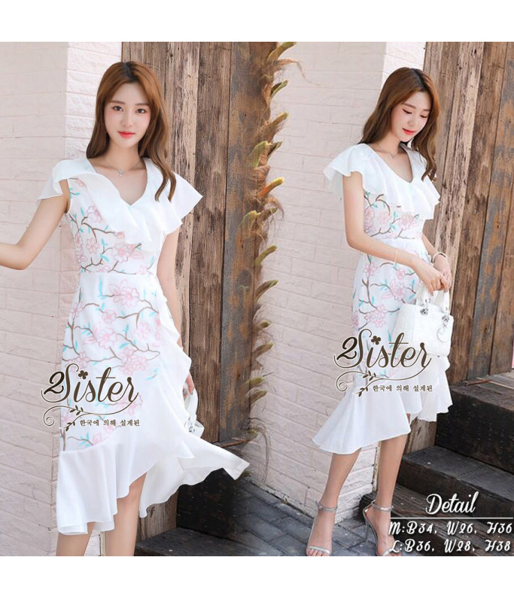 White Floral Print Midi Dress