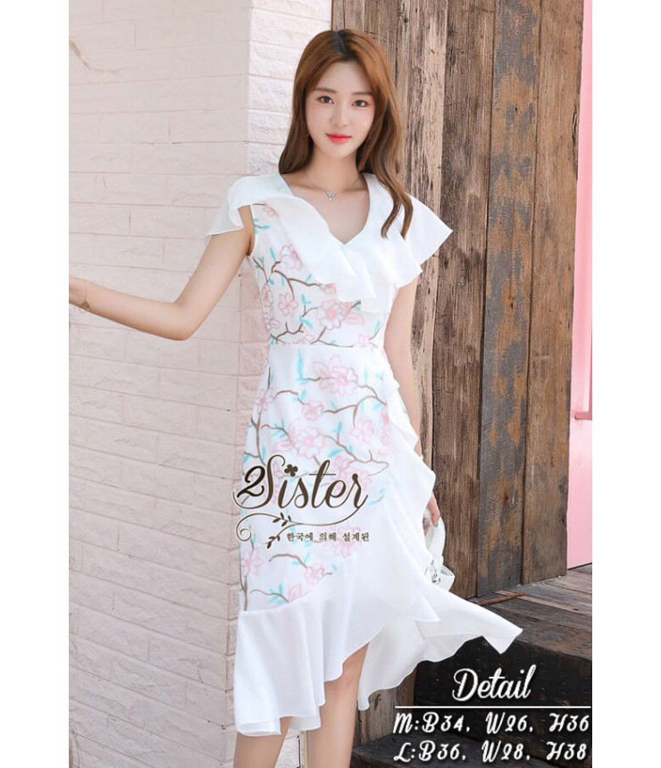 White Floral Print Midi Dress