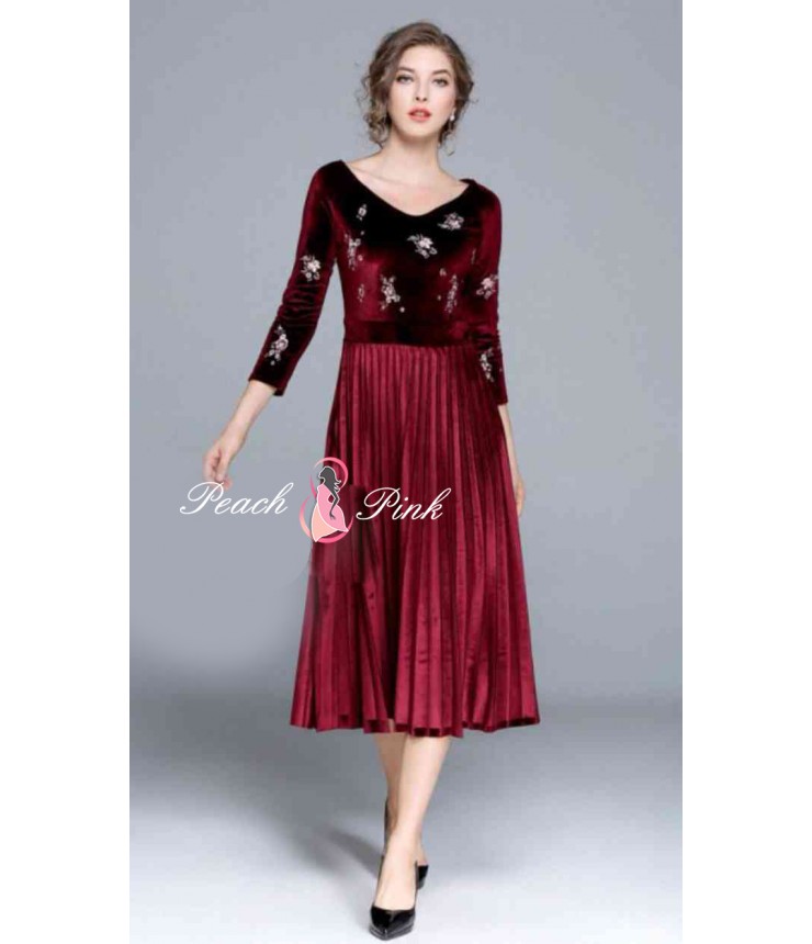 Garnet Maroon velvet Midi Dress