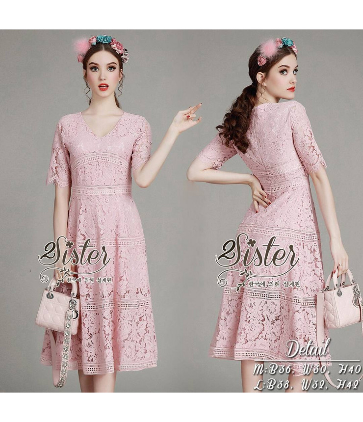 Rose Pink Pattern Lace Midi Dress