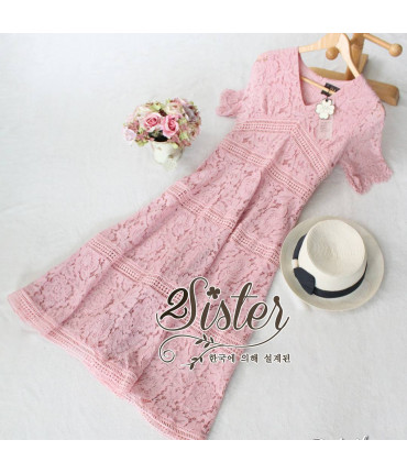 Rose Pink Pattern Lace Midi Dress