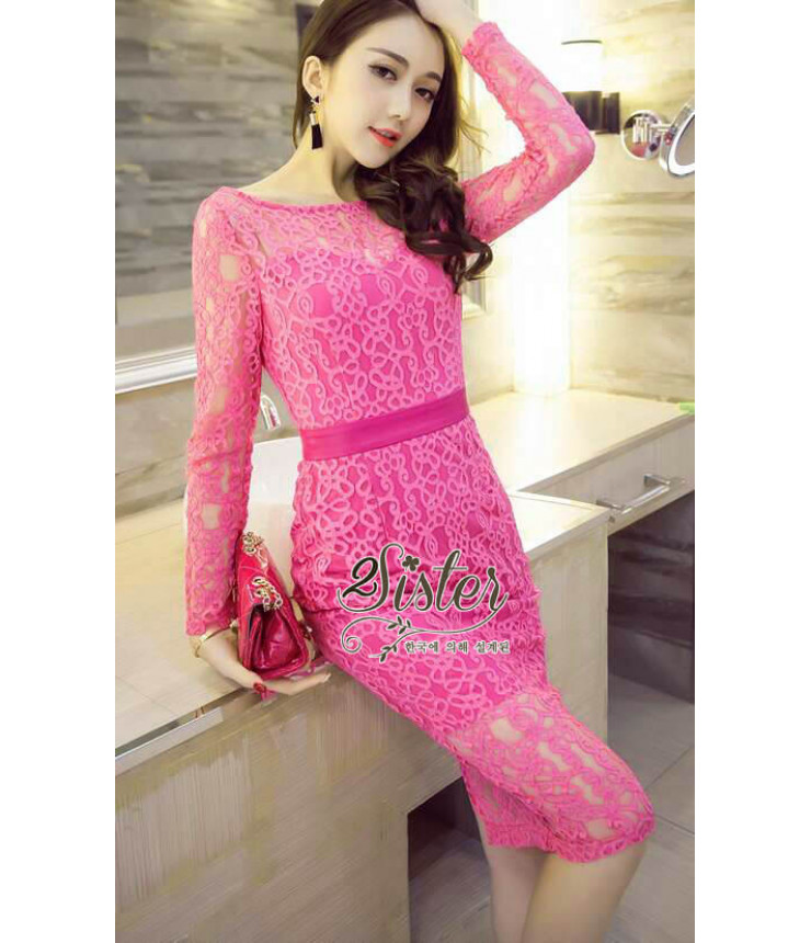 Fuschia Pink Crochet Pencil Dress