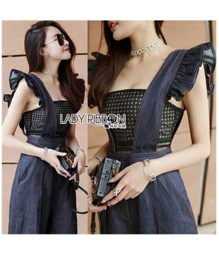 Turndown Navy Blue Ruffle Jumpsuit