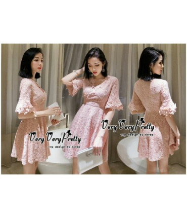 Ruffled Sleeves Pink Skater Dress