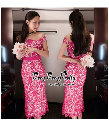 Beauty in Pink Lace Bardot Dress