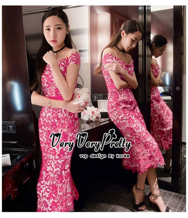 Beauty in Pink Lace Bardot Dress