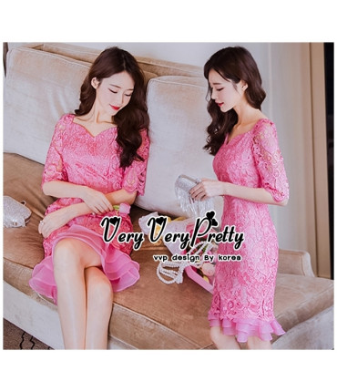 Crochet Pink Frill Bodycon Dress