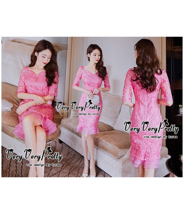 Crochet Pink Frill Bodycon Dress
