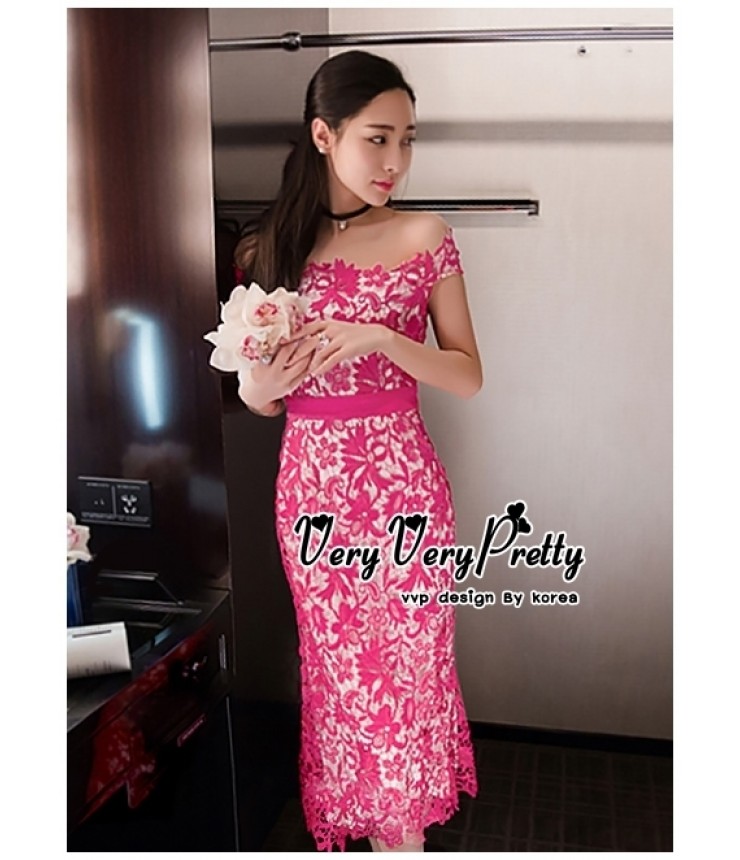 Beauty in Pink Lace Bardot Dress