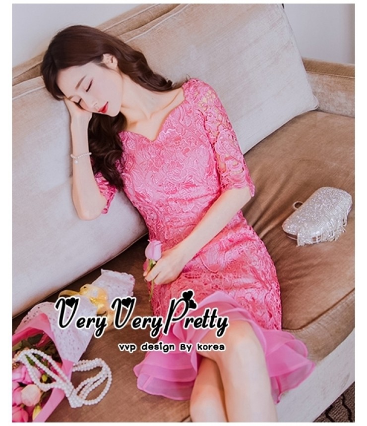 Crochet Pink Frill Bodycon Dress